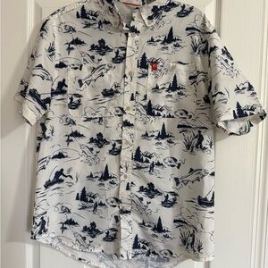 Men’s fishing print casual button down shirt in navy and white adult large